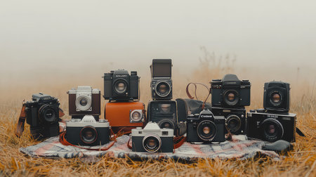 A captivating display of vintage cameras arranged on a blanket in a foggy outdoor setting, showcasing the beauty of classic photography equipment.の素材