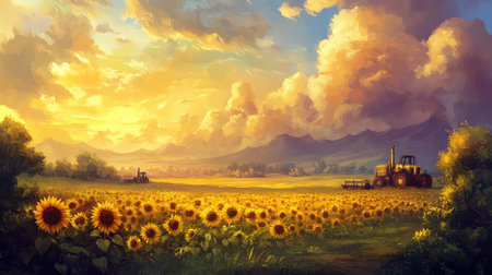 A breathtaking view of a sunflower field bathed in morning light, featuring tractors amidst vibrant colors and majestic mountains in the background.の素材
