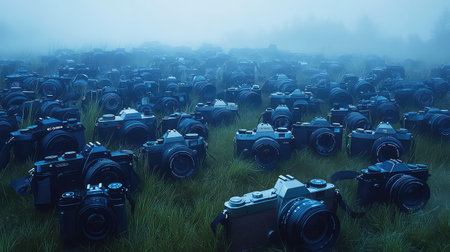 This captivating image showcases a vast array of cameras in a foggy field, blending vintage and modern styles. The grass adds a natural element to the scene, enhancing its artistic appeal.の素材