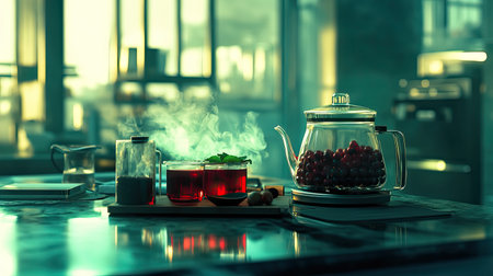 A stunning kitchen scene featuring a glass teapot filled with herbal tea, fresh fruit, and steam rising, creating a cozy and inviting atmosphere.の素材