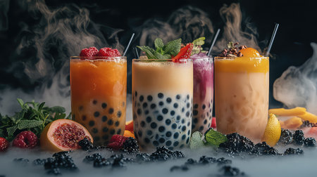 A stunning arrangement of colorful bubble tea drinks featuring fresh fruits and tapioca pearls, presented on a smoky background for striking visual appeal.の素材