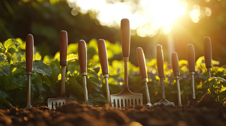 A collection of garden tools with wooden handles is arranged in rich soil, illuminated by warm sunlight during golden hour, creating a peaceful outdoor scene.の素材