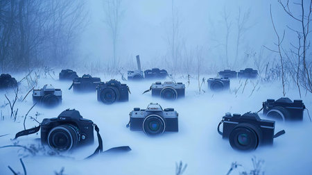 This enchanting scene features an array of vintage cameras settled in a snowy landscape, shrouded in fog. The tranquil atmosphere invites reflection on the art of photography.の素材