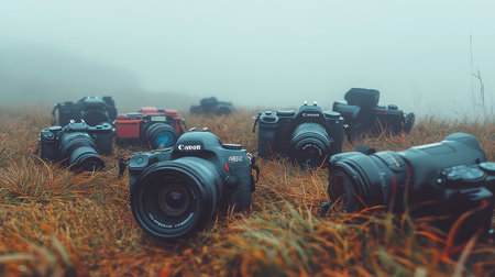A captivating arrangement of various camera models spread across misty grassland showcases the artistry and technology in outdoor photography.の素材