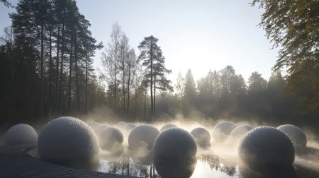 A serene morning scene featuring mist rising from calm water, white spheres nestled among trees, and soft light creating an ethereal atmosphere.の素材