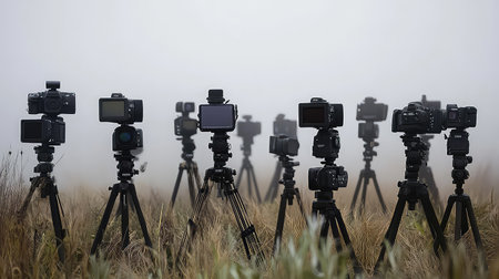 A captivating scene featuring an array of professional cameras on tripods positioned in a misty field, showcasing the harmony between technology and nature in photography.の素材