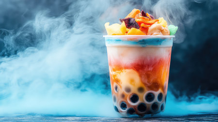 A visually appealing bubble tea featuring layers of colorful fruits and tapioca pearls, enhanced with swirling wisps of smoke, perfect for refreshments.の素材