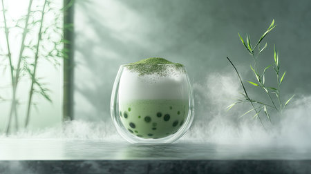 A striking matcha drink features a blend of bubbles and creamy foam, elegantly displayed in a glass container. The serene ambiance includes bamboo elements, enhancing the overall visual appeal. Perfect for wellness and refreshment themes.の素材