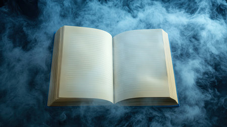 An open blank book surrounded by soft fog creates an atmospheric scene perfect for themes of imagination, storytelling, and creativity. The dark background enhances the mysterious vibe, inviting viewers to explore endless possibilities.の素材