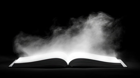 An open book emits soft wisps of smoke against a deep black background, creating a mystical and ethereal ambiance, perfect for creative and literary themes.の素材