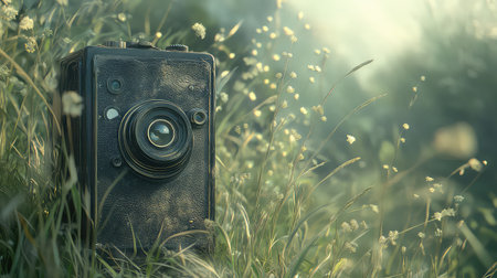 An artistic representation of a vintage camera nestled among wildflowers in a serene meadow bathed in soft sunlight, evoking nostalgia and creativity.の素材