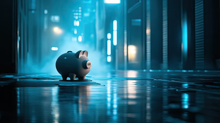 A minimalist piggy bank stands alone in a futuristic urban alley, illuminated by soft blue light and enveloped in mist, creating an atmospheric scene.の素材