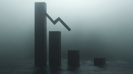 This abstract image depicts a financial decline through dark bar graphs set in a foggy environment, symbolizing uncertainty in market trends.の素材