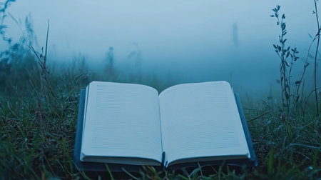 An open blank journal rests on a lush field, surrounded by soft morning fog that envelops the serene landscape, inviting creativity and reflection.の素材