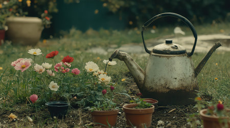 A charming vintage watering can sits beside a vibrant assortment of flowers in a serene garden, showcasing the beauty of nature and gardening essentials.の素材