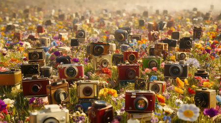 A captivating scene featuring a colorful assortment of vintage cameras set amidst a vibrant field of blooming flowers. The warm sunlight enhances the artistic charm of the display, creating an ideal setting for photography enthusiasts and nature lovers alike.の素材