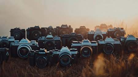 A captivating array of vintage and modern cameras creates a visually striking composition set against a foggy backdrop, showcasing the world of photography.の素材