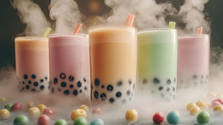 A vibrant collection of bubble tea drinks with a misty vapor effect, showcasing assorted flavors and colorful tapioca pearls, ideal for festive occasions.の素材