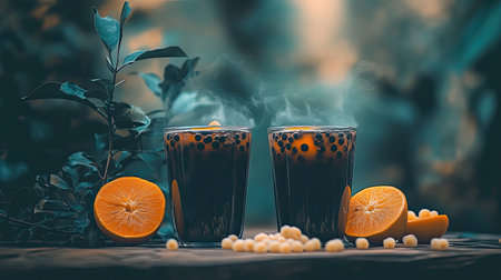 Enjoy this vibrant composition featuring two glasses of steaming dark beverage with citrus slices and white pearls, set against a lush, serene backdrop.の素材