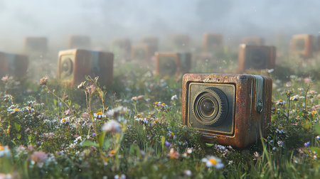 A captivating scene featuring vintage cameras nestled among vibrant wildflowers in a misty landscape at sunrise, evoking nostalgia and beauty.の素材