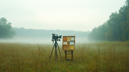 A captivating scene featuring a camera on a tripod positioned in a foggy field, showcasing an artistic canvas that blends creativity with tranquil nature.の素材