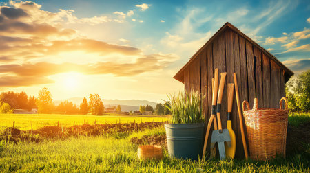A serene rural scene featuring a wooden shed with various gardening tools resting beside it in a sunlit field, evoking calm and connection to nature.の素材
