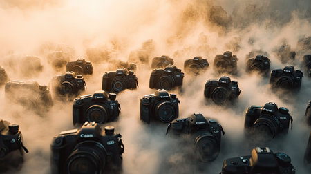 This captivating image features an array of cameras partially hidden in swirling fog, creating an atmosphere filled with creativity and inspiration.の素材