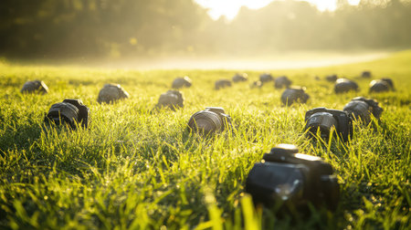 A serene outdoor scene showcasing a collection of cameras resting on lush grass, illuminated by soft morning light, creating a tranquil atmosphere.の素材