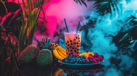 A stunning presentation of a bubble tea filled with tapioca pearls sits artistically among an array of fresh fruits, enveloped in colorful mist.の素材