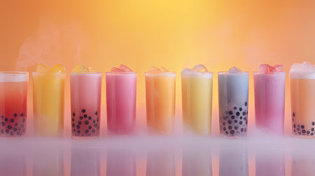 This vibrant array of bubble teas showcases a variety of colors and flavors, each adorned with ice and toppings, perfect for a refreshing treat.の素材