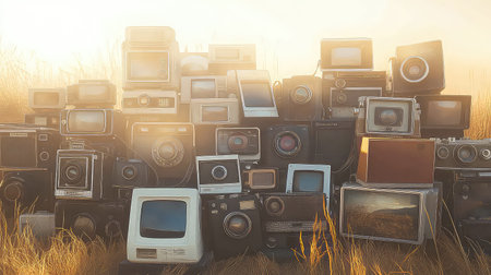 A stunning array of vintage cameras is beautifully arranged against a soft backdrop of sunlight and grass, capturing nostalgia and artistic creativity.の素材