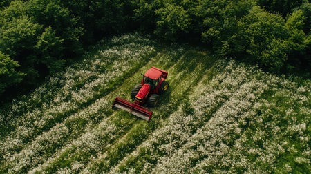 An aerial perspective captures a vibrant red tractor working diligently across a field of white wildflowers, framed by lush green trees. This scene represents the beauty of nature and agricultural practices.の素材