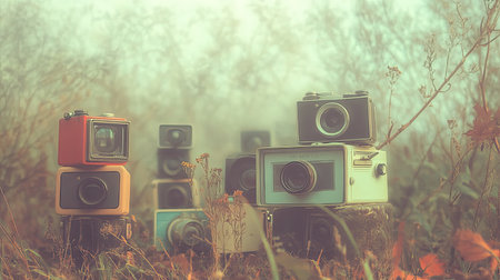 A captivating scene featuring a collection of vintage cameras resting amidst a serene misty field filled with wildflowers, creating a nostalgic atmosphere.の素材