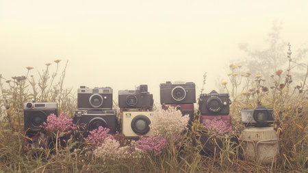 A captivating arrangement of vintage cameras nestled among vibrant flowers in a misty field, creating a nostalgic and serene atmosphere perfect for photography enthusiasts.の素材