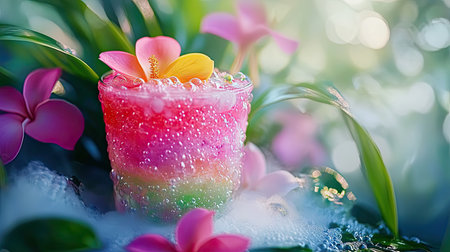 This stunning image captures a vibrant tropical drink with bubbles and a yellow flower, set against lush greenery and colorful blossoms, ideal for summer vibes.の素材