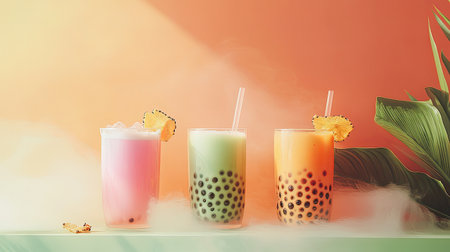 This vibrant photo showcases a trio of colorful bubble tea drinks, each adorned with fresh fruit garnishes, set against a vivid background. Perfect for summer.の素材