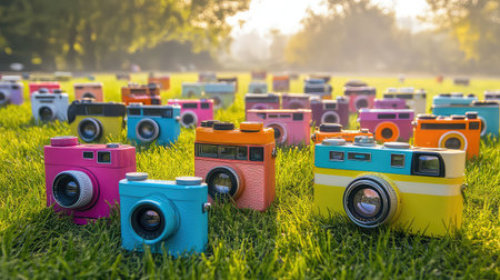 A vibrant array of vintage cameras in assorted colors laid out on green grass, illuminated by soft morning sunlight, creates a cheerful and artistic atmosphere.の素材