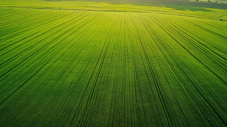 A breathtaking aerial view of a vast green agricultural field displaying perfectly aligned rows of crops, symbolizing growth, vitality, and the beauty of nature.の素材
