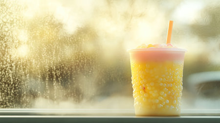 A vibrant and refreshing tropical drink in a cup sits by a misty window, illuminated by warm sunlight, evoking a cozy atmosphere perfect for relaxation.の素材