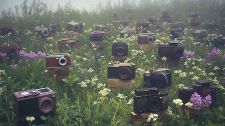 A captivating scene featuring an assortment of vintage cameras beautifully arranged in a lush green field, adorned with wildflowers and enveloped by soft fog.の素材