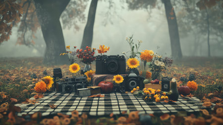 A charming collection of vintage cameras surrounded by vibrant autumn flowers on a soft blanket in a misty forest, capturing the essence of tranquility.の素材