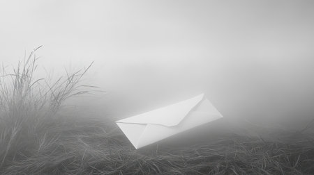 A solitary white envelope floats amidst fog and tall grass, creating an air of mystery and serenity. The monochrome tones evoke emotions and contemplation.の素材