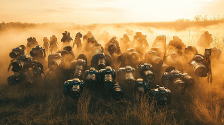 A breathtaking gathering of cameras amidst a golden sunset, enveloped in dust, capturing the essence of photography amidst nature's beauty.の素材