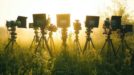 A stunning array of professional cameras on tripods stands in a misty field at sunrise, capturing the beauty of nature and technology combined in harmony.の素材