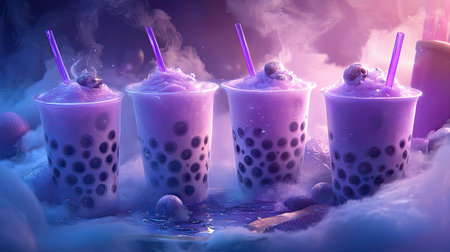 This captivating image showcases colorful bubble tea filled with blueberries and topped with foam, surrounded by mist and dramatic lighting, ideal for food lovers.の素材
