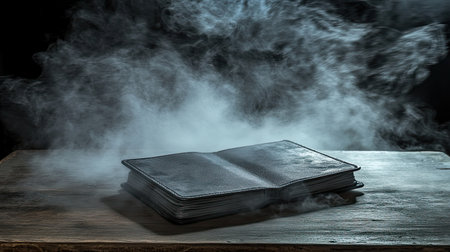 An evocative image featuring an open book enveloped in swirls of smoke, capturing a sense of mystery and inviting imagination. Ideal for artistic projects.の素材