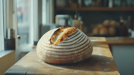A beautifully crafted artisan bread loaf resting on a wooden table in a warm rustic kitchen. Natural light illuminates the crust and details, showcasing its texture and warmth. Perfect for food enthusiasts.の素材