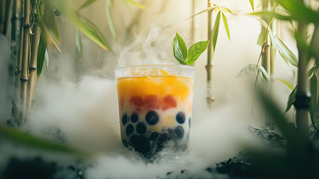 This visually striking image features a glass of bubble tea adorned with colorful fruits, set in a misty bamboo forest environment.の素材