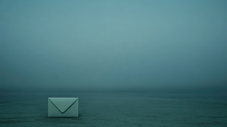 A peaceful and serene image depicting an isolated envelope resting on a still water surface, enveloped in soft blue tones and mist.の素材