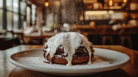 A sumptuous dessert showcasing melted chocolate draped over a warm pastry, delicately dusted with powdered sugar, perfect for a cozy cafe setting.の素材
